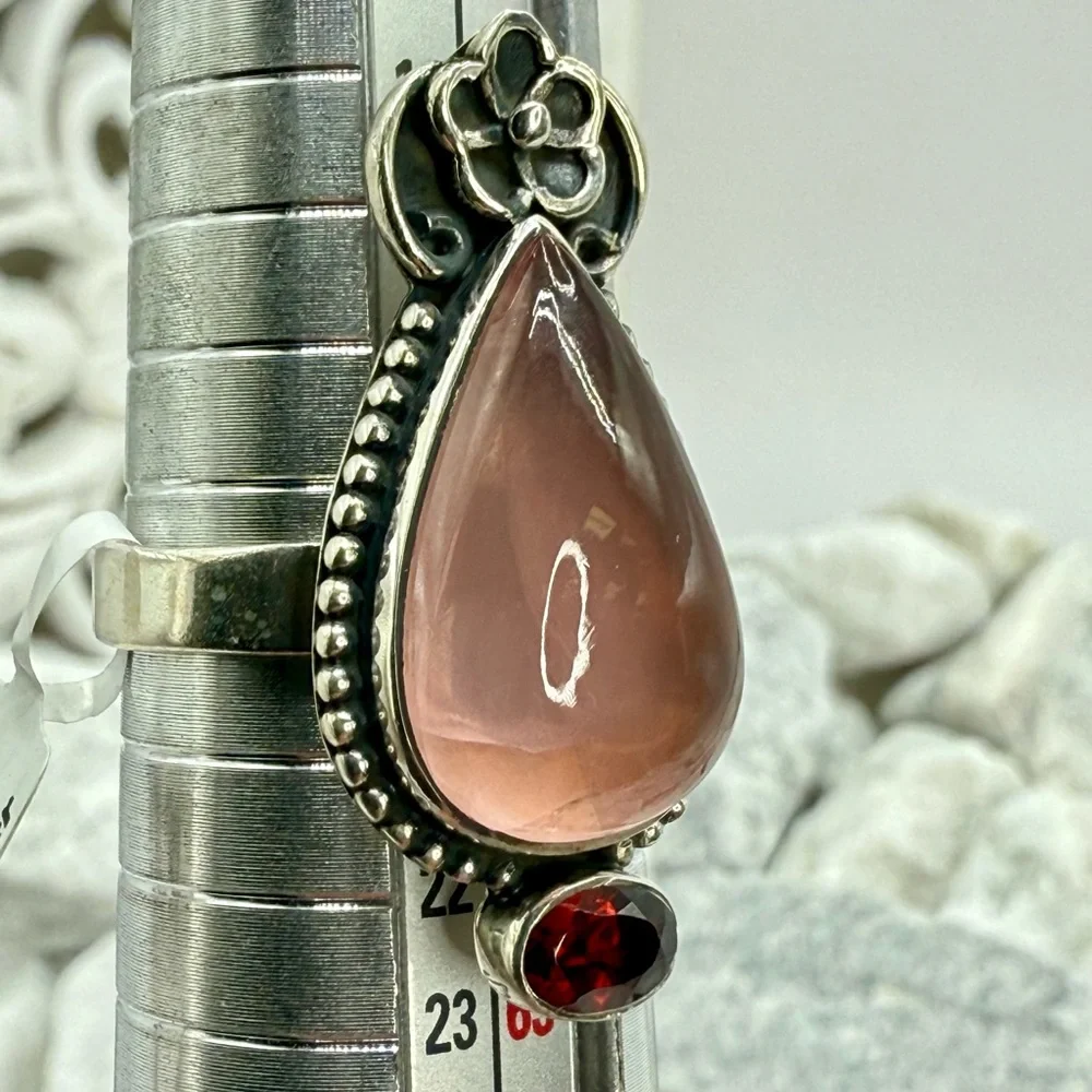 NWT Sterling Silver Rose Quartz & Garnet Ring Size 9 Southwestern Boho 925